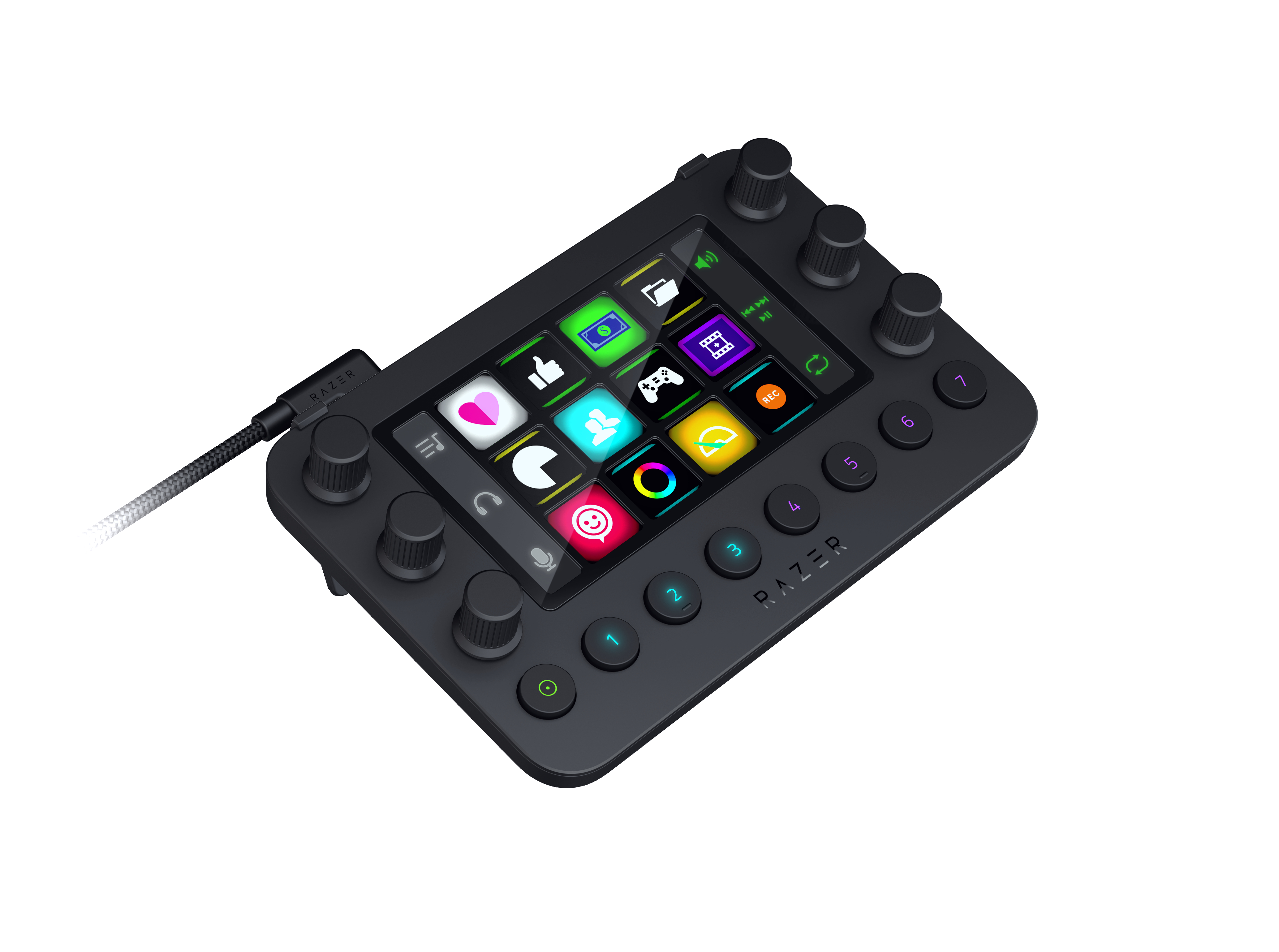 Schwarzer Razer Stream Controller mit Knöpfen und einem Bildschirm, der App-Symbole anzeigt.