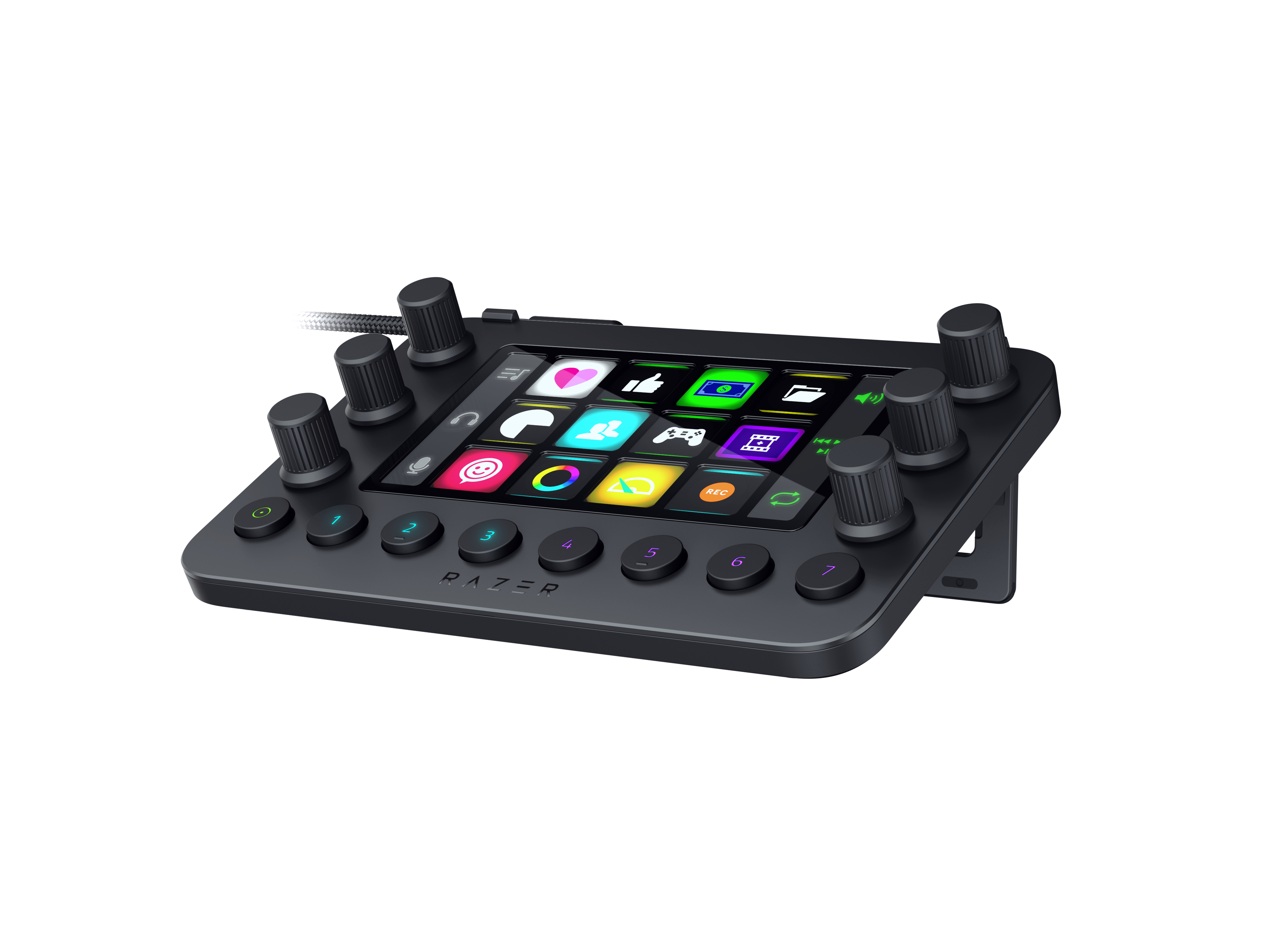 Schwarzer Razer Streaming-Controller mit farbigen Tasten und Knöpfen auf weißem Grund.