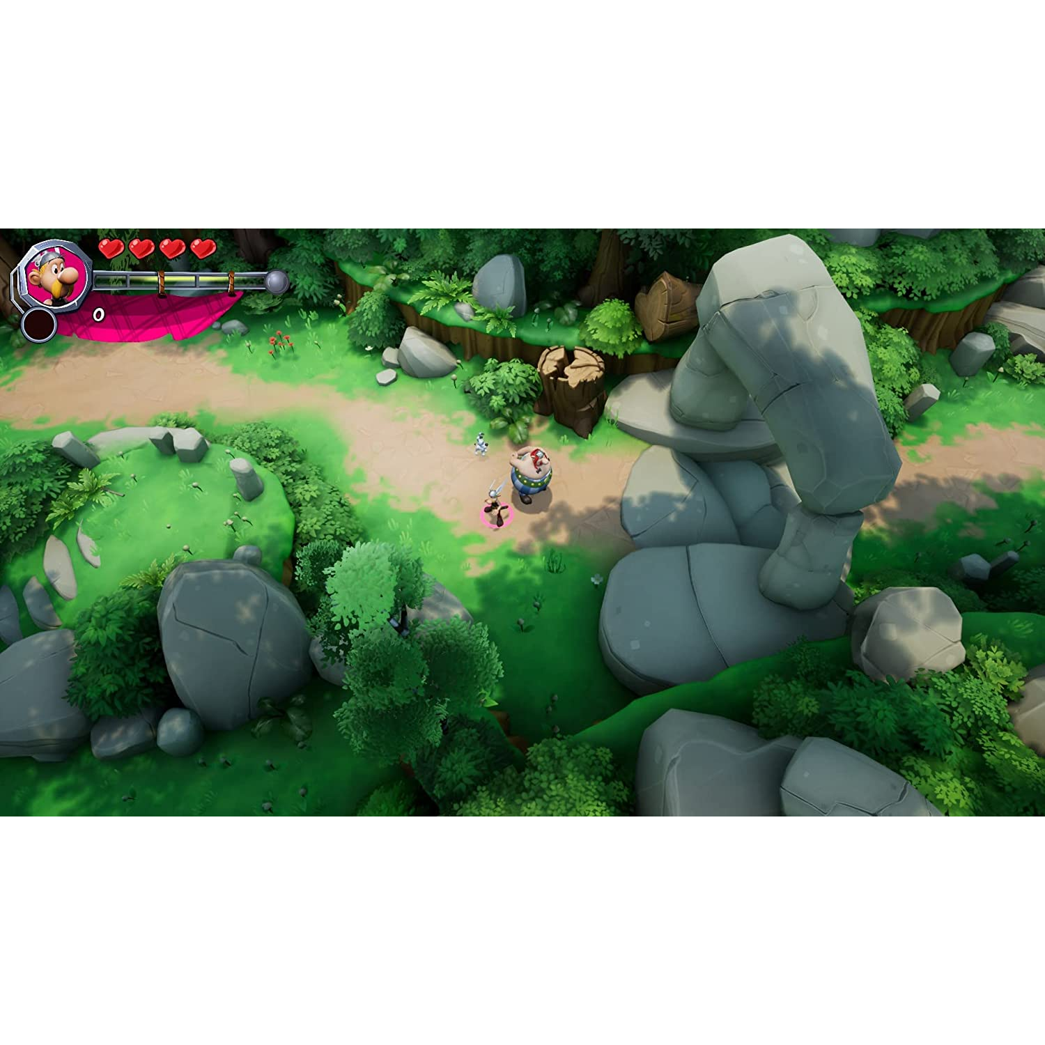 Escena de videojuego con personajes de dibujos animados en un entorno de bosque verde.