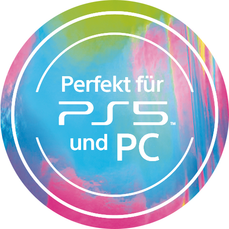 Runder Aufkleber mit den Worten 'Perfekt für PS5 und PC' auf buntem Hintergrund.