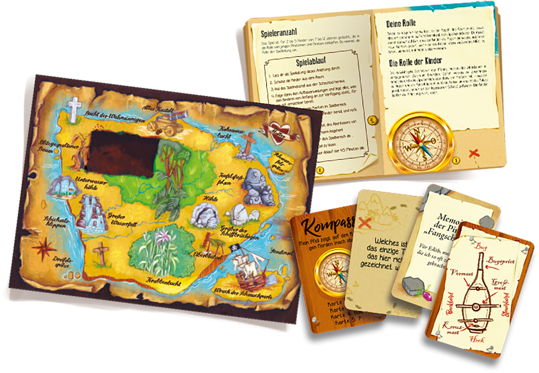 Brettspiel mit Karte, Karten und Anweisungen. Die Karte ist braun mit Schatzinsel-Motiv. Karten zeigen Kompasse.
