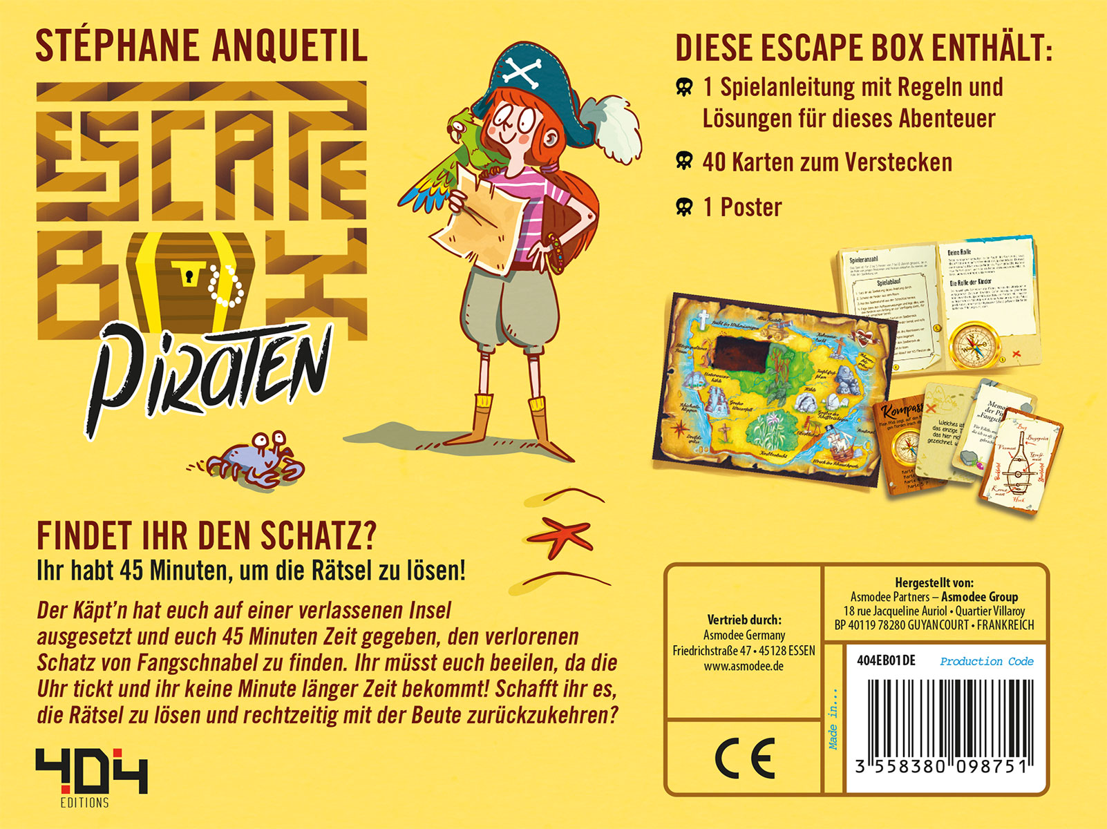Eine Spielbox mit Piratenmotiv, mit einem Piratenmädchen und Kartenillustrationen.