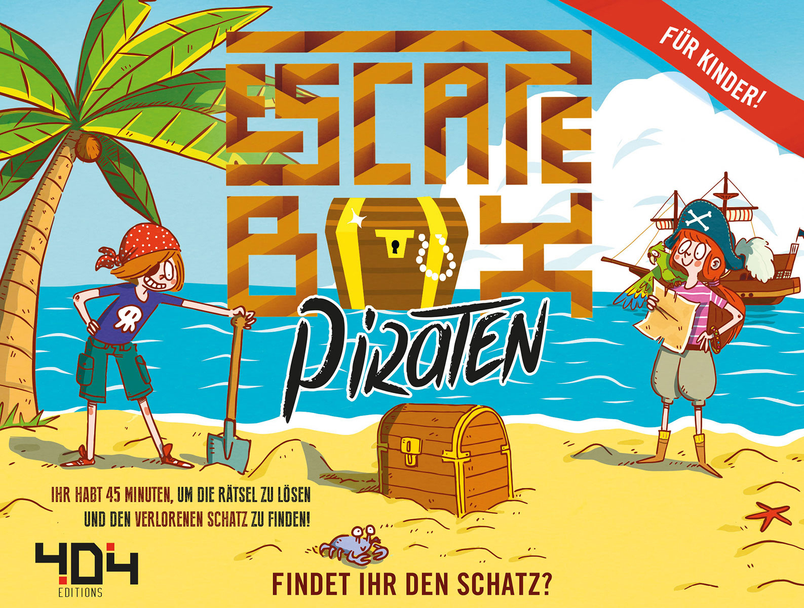 Eine Spielbox mit Piraten und einer Schatzkiste am Strand, mit Text auf Deutsch.
