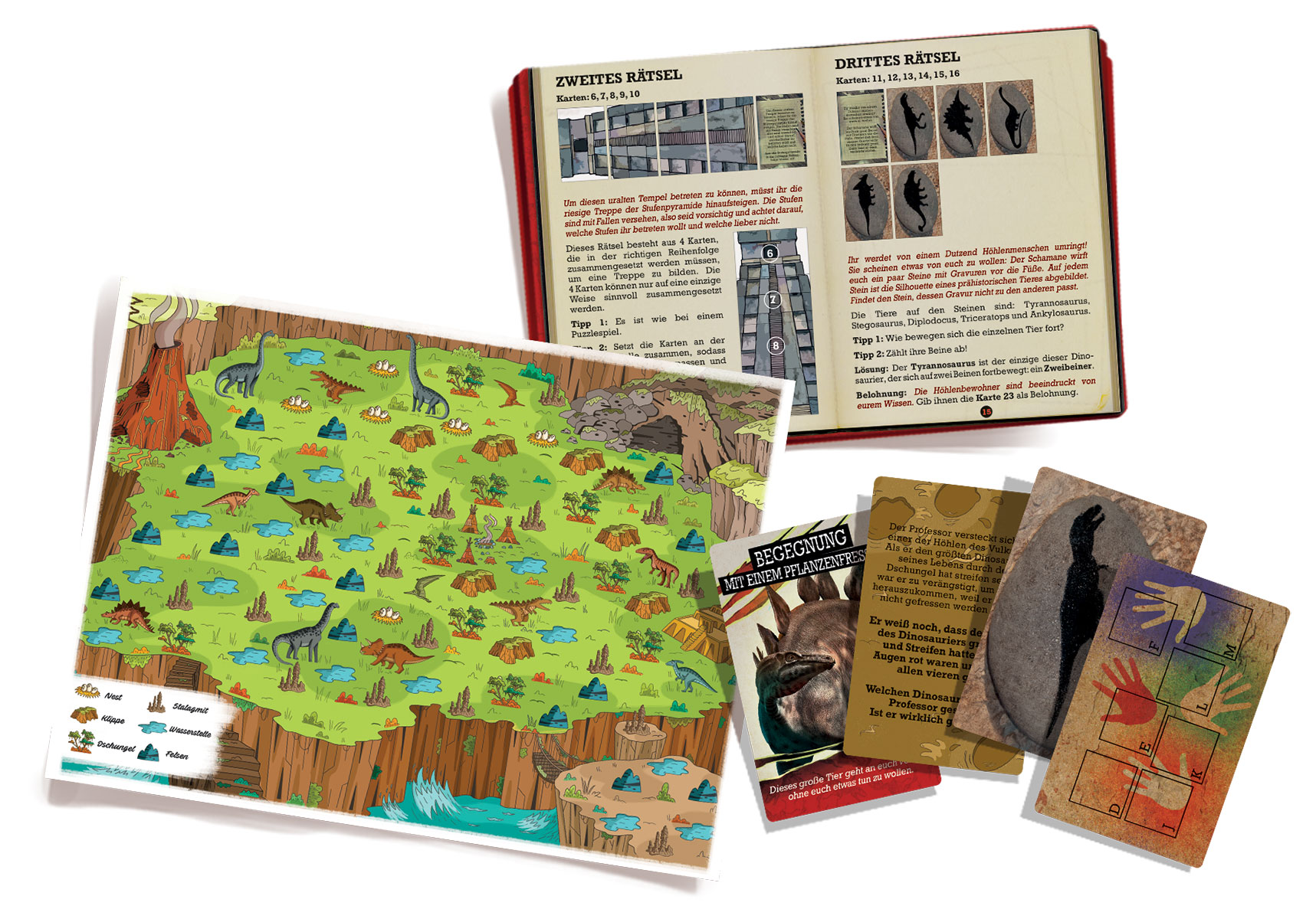 Dinosaurier-Brettspiel. Spielbrett mit Dinosauriern, ein Heft und Karten mit Dinosauriern und Hinweisen.