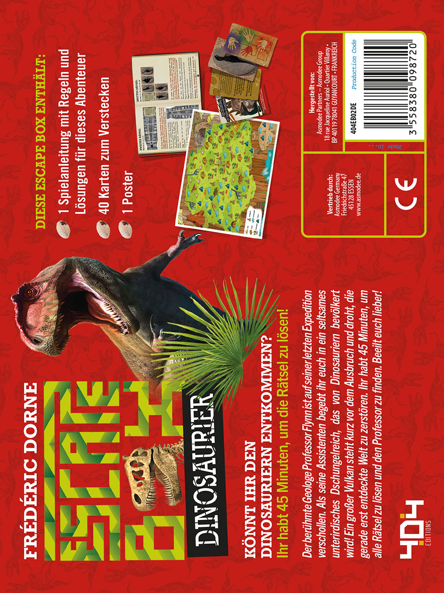 Escape-Game-Box, Dinosaurier, Text. Roter Hintergrund.
