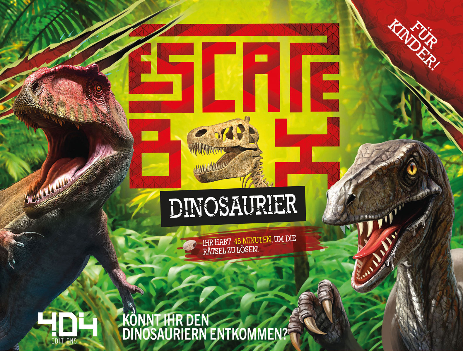 Spielbox Escape Dinosaurier mit Dinosaurier-Illustrationen und Text auf Deutsch. Enthält ein Dinosaurierschädelbild.