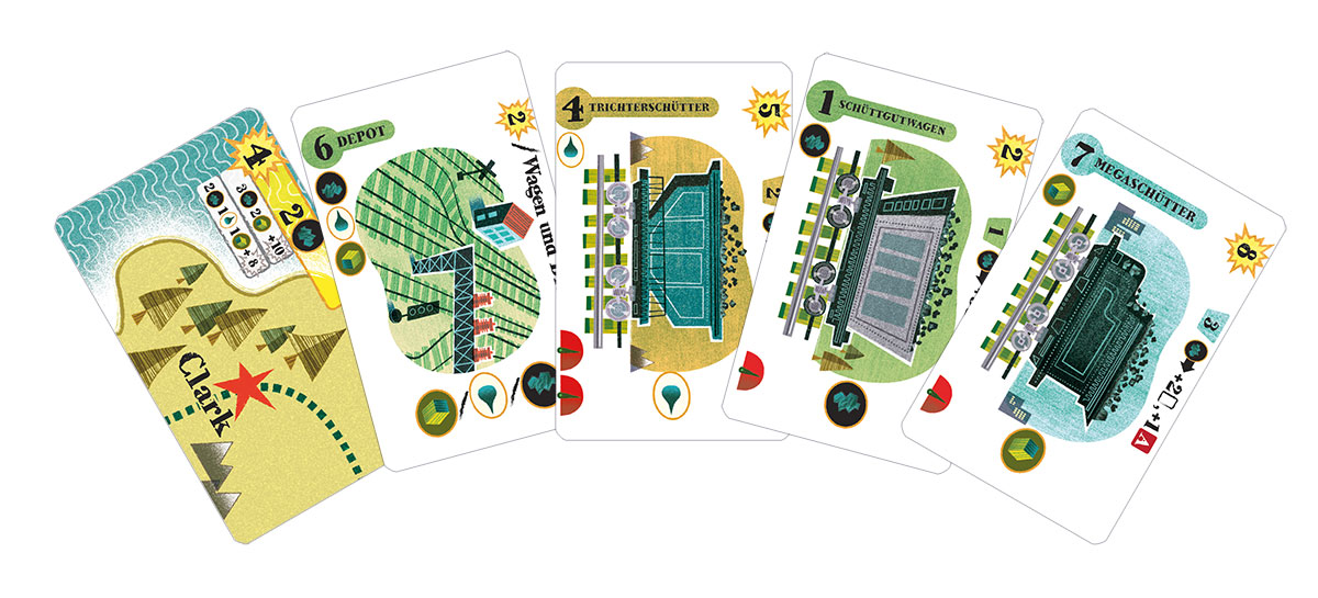 Karten aus einem Brettspiel mit bunten Illustrationen.