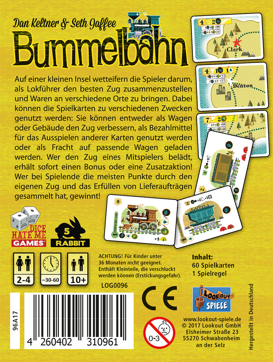 Rückseite einer Brettspielbox mit dem Titel "Bummelbahn" mit Spieldetails und Illustrationen.