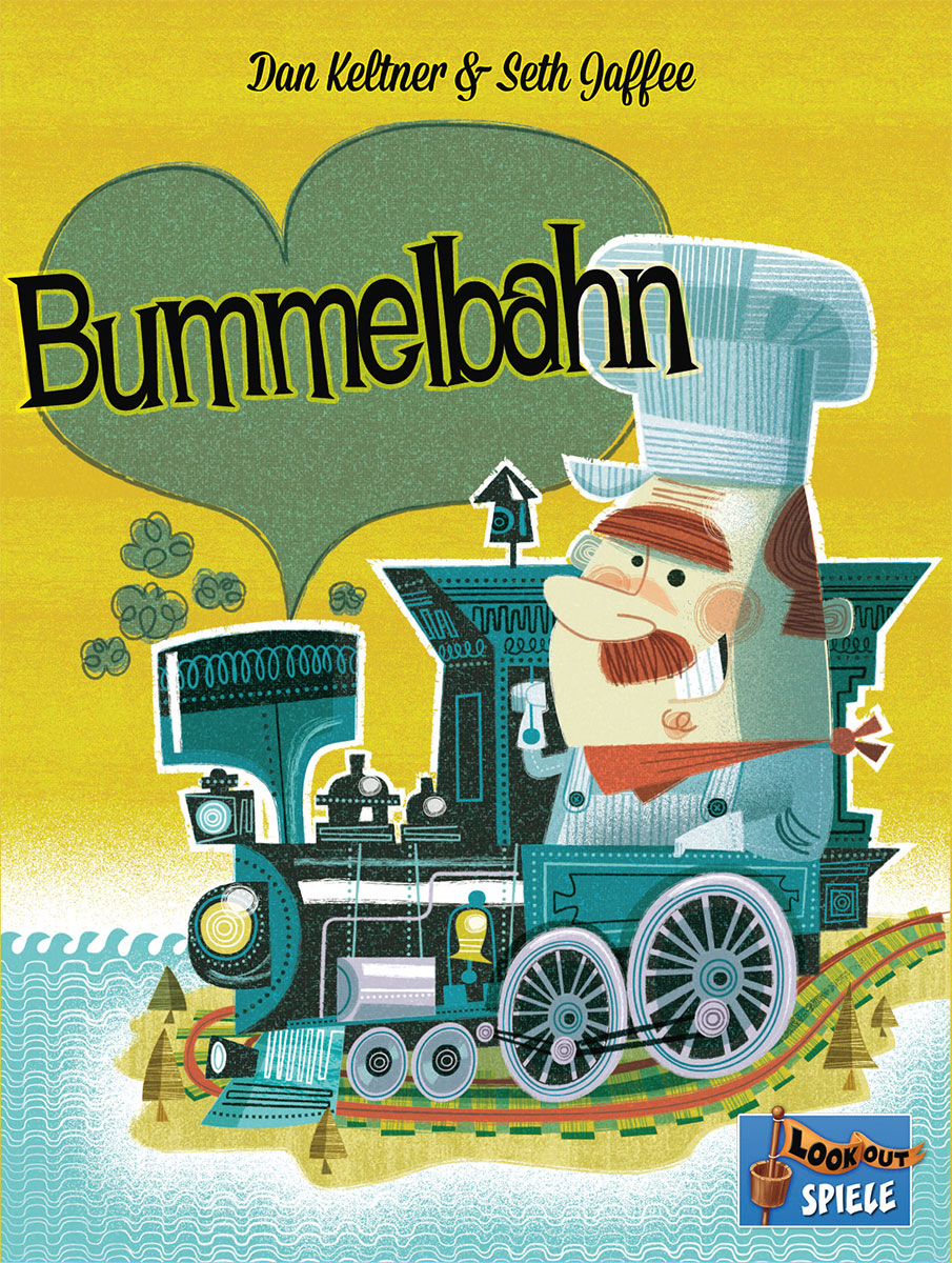 Deckblatt des Brettspiels Bummelbahn, mit Koch auf Zug und gelbem Hintergrund.