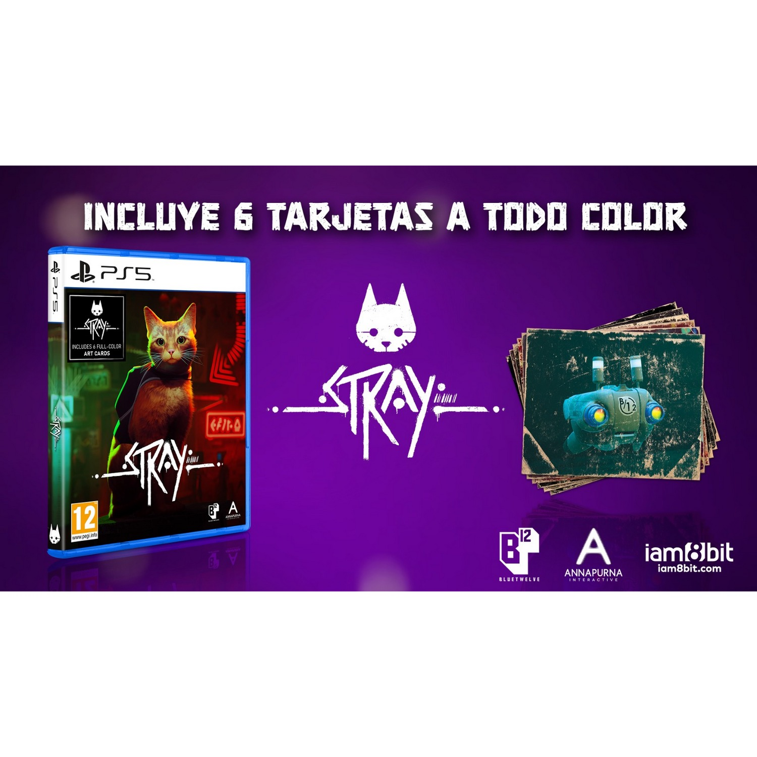 Caja de juego, tarjetas de arte y un robot futurista. Fondo morado.