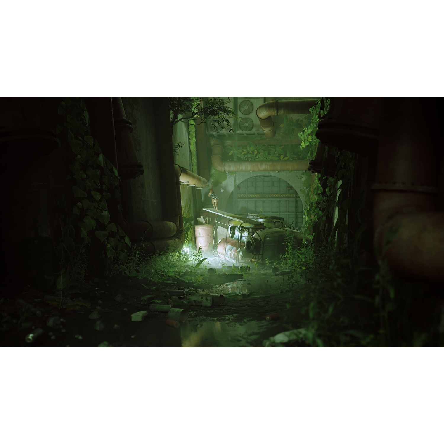 Escena industrial oscura con tuberías y luz brillante sobre una máquina.
