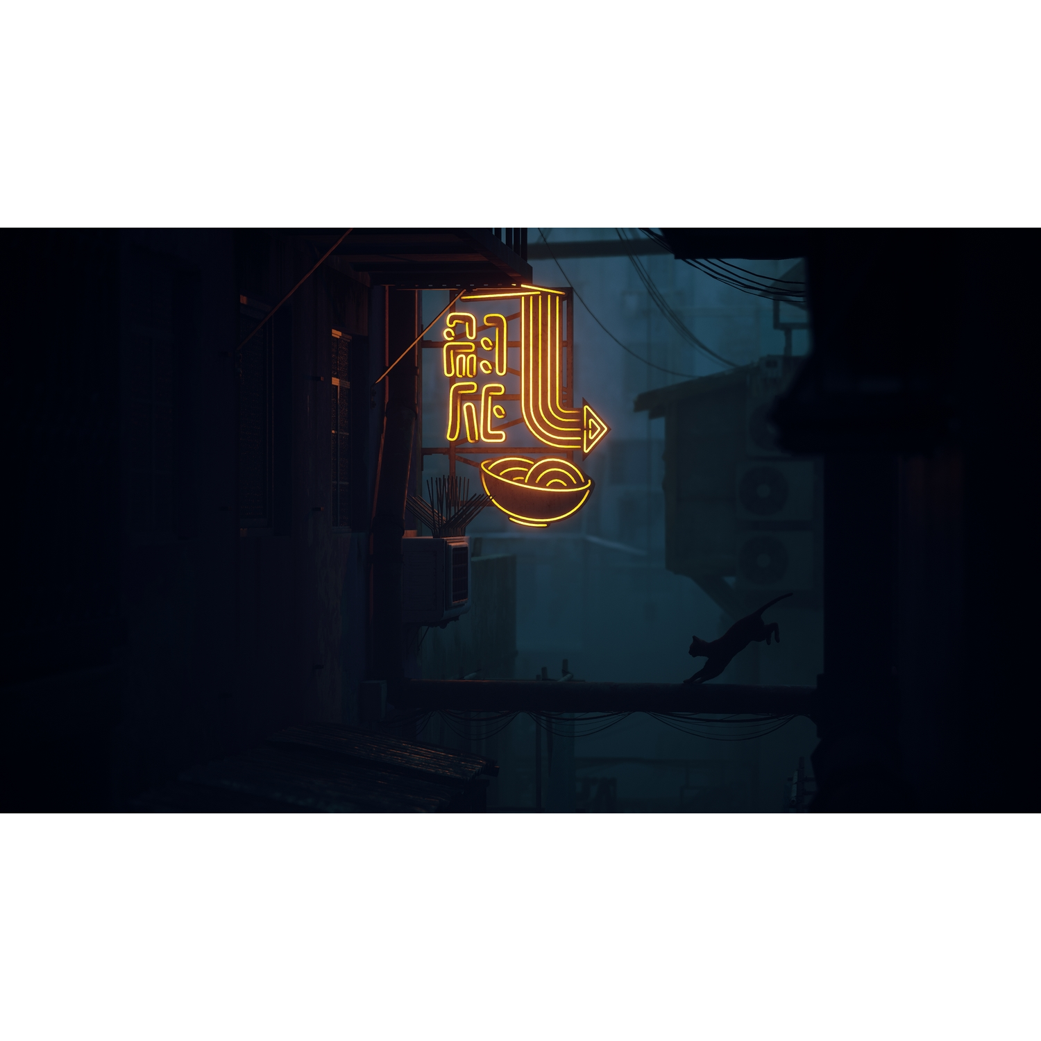 Letrero de neón para una tienda de ramen con un gato corriendo por el callejón, ambiente oscuro y melancólico.