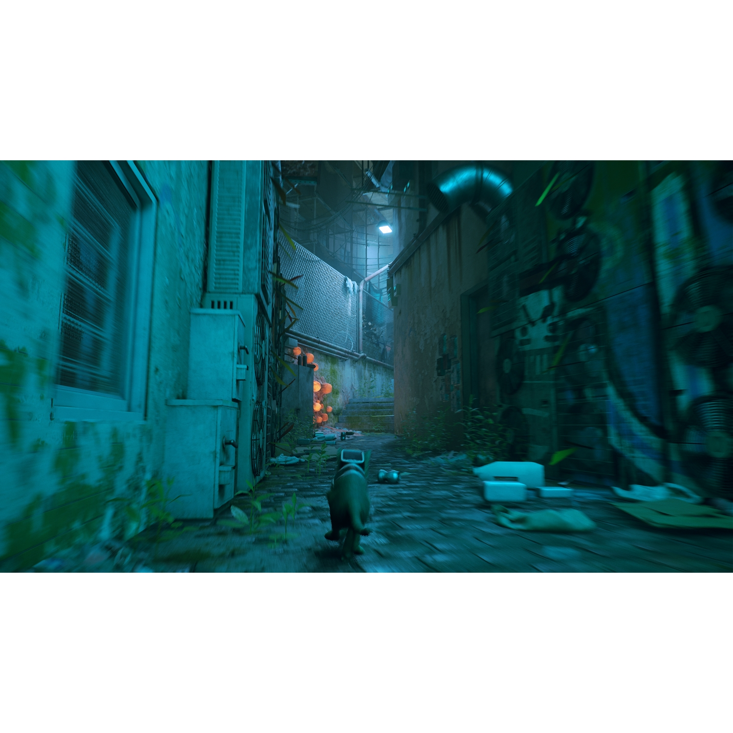 Un robot con forma de gato camina por un callejón oscuro. Luces de neón y graffiti presentes.
