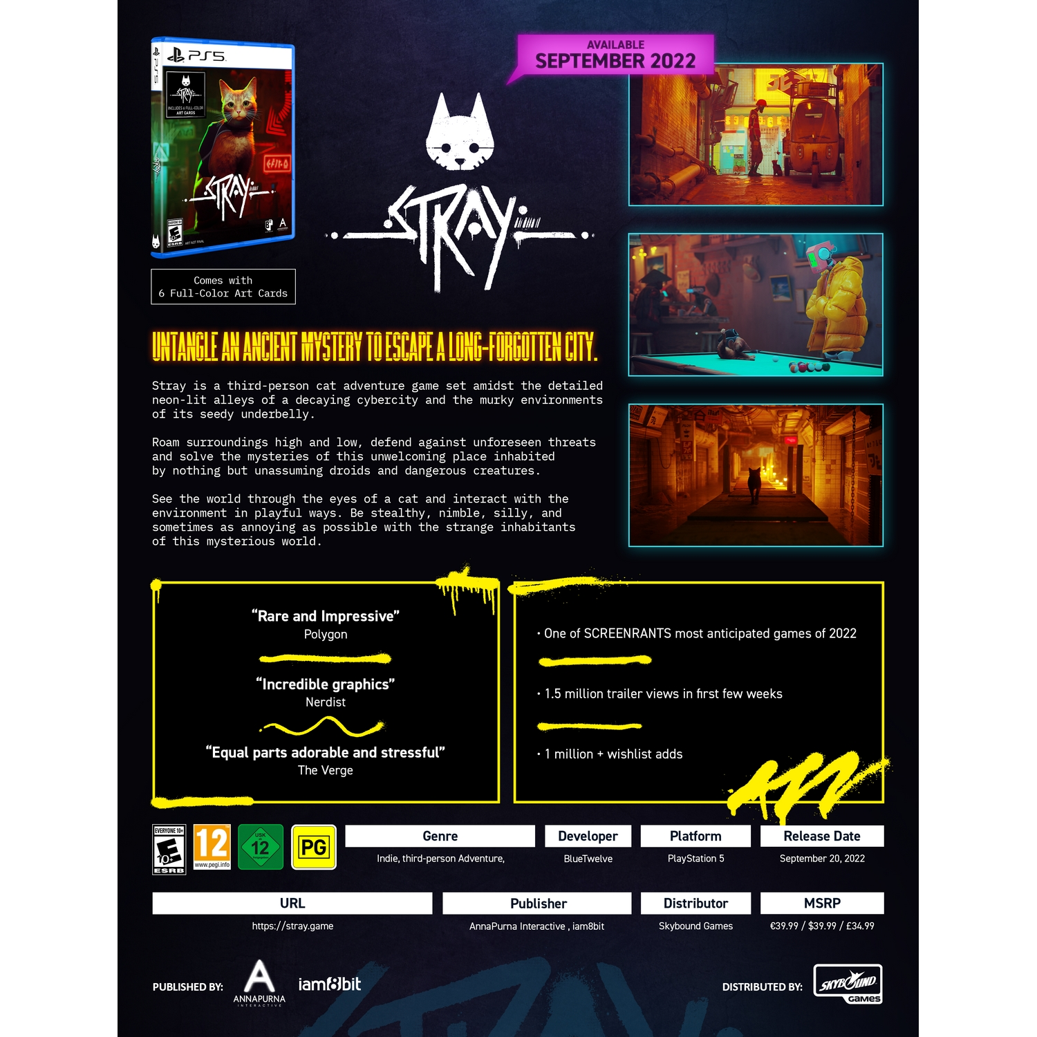 Arte de caja del juego con un gato en un entorno urbano, promocionando 'Stray' para PlayStation 5.