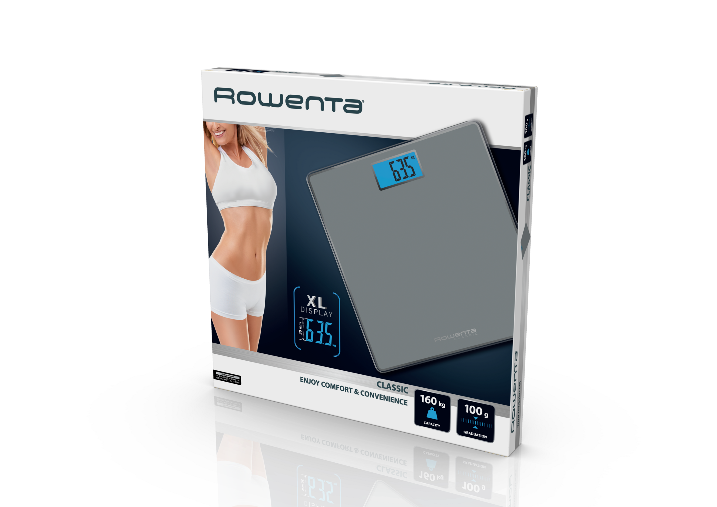 Empaque de un producto de una báscula gris. La modelo muestra la báscula en la caja. La pantalla muestra 63.5.