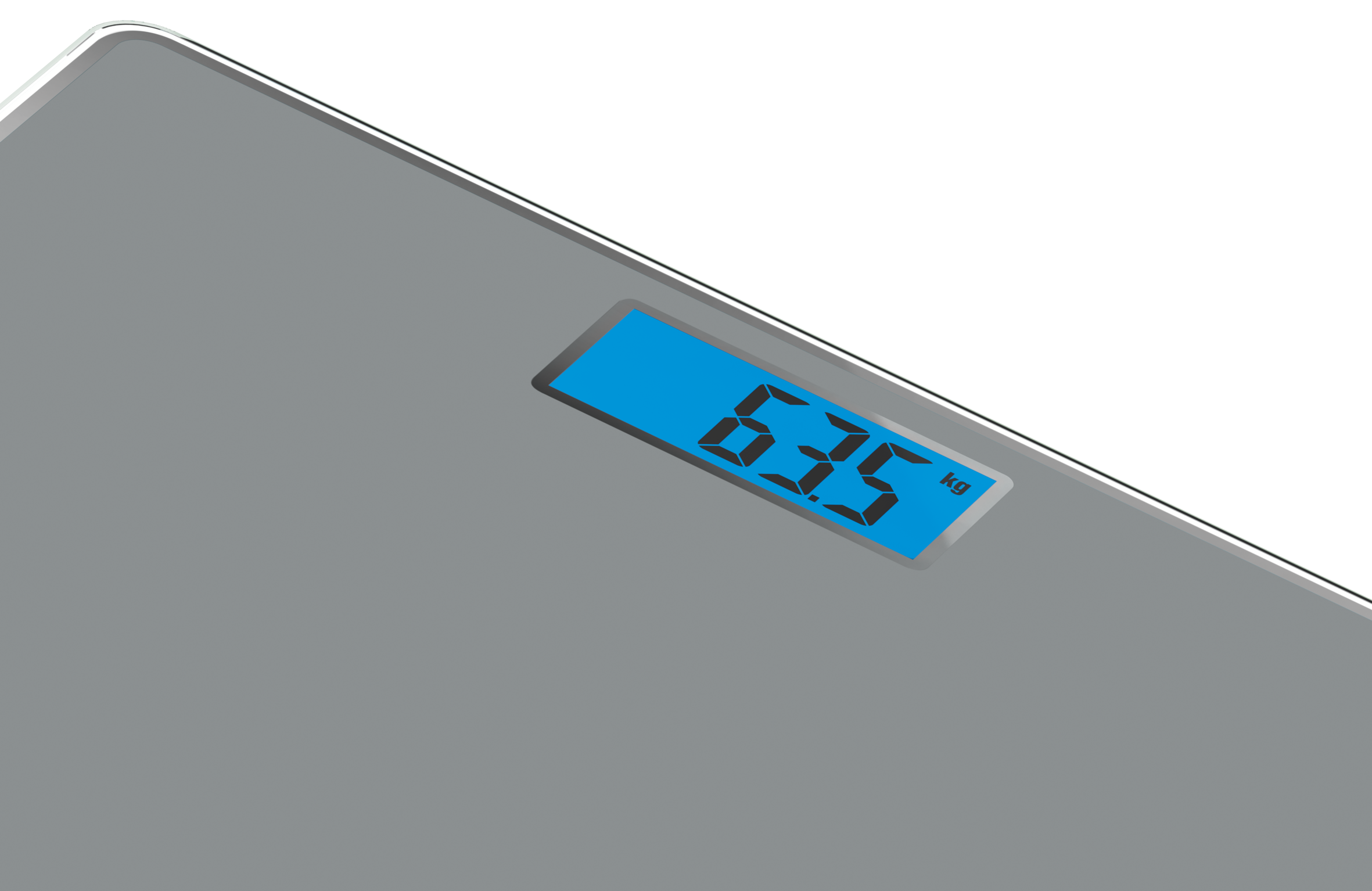 Una báscula digital muestra el número 63.5 kg en azul. La báscula es gris con fondo negro.