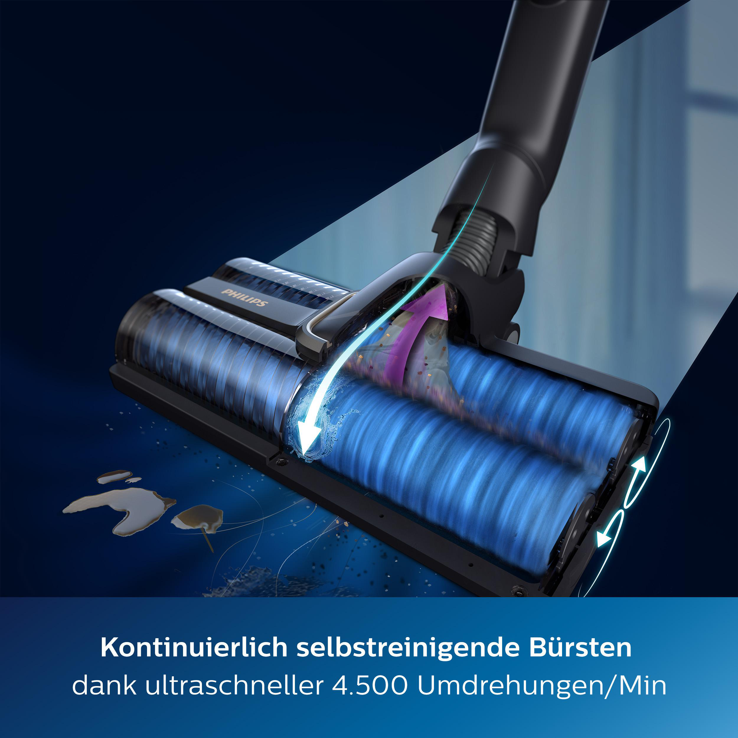 Nahaufnahme von Staubsaugerbürsten, Wasser und Schmutz, blauer Hintergrund, mit Text.