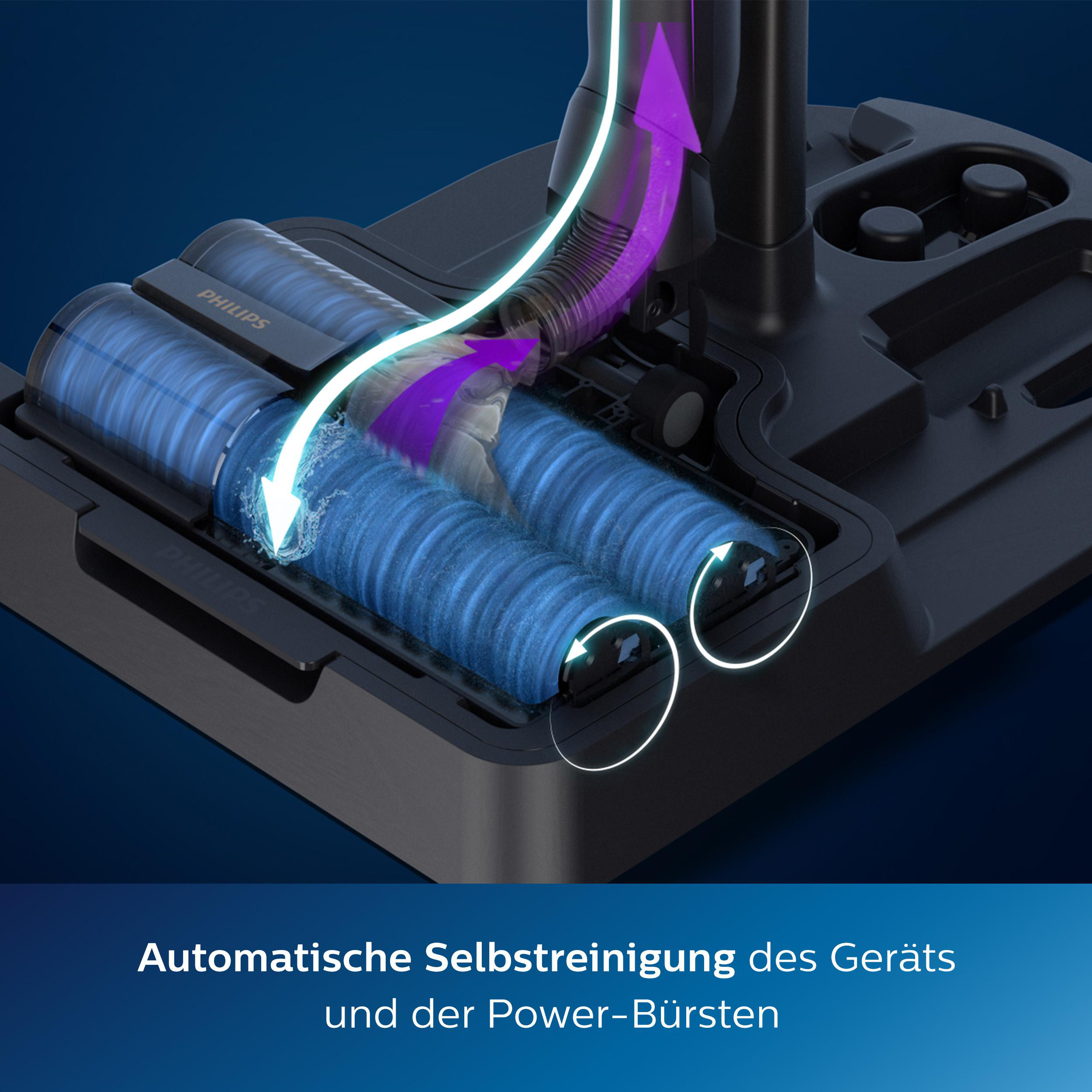 Nahaufnahme eines Staubsaugers mit blauen Bürsten und einem violetten Luftstrompfad.