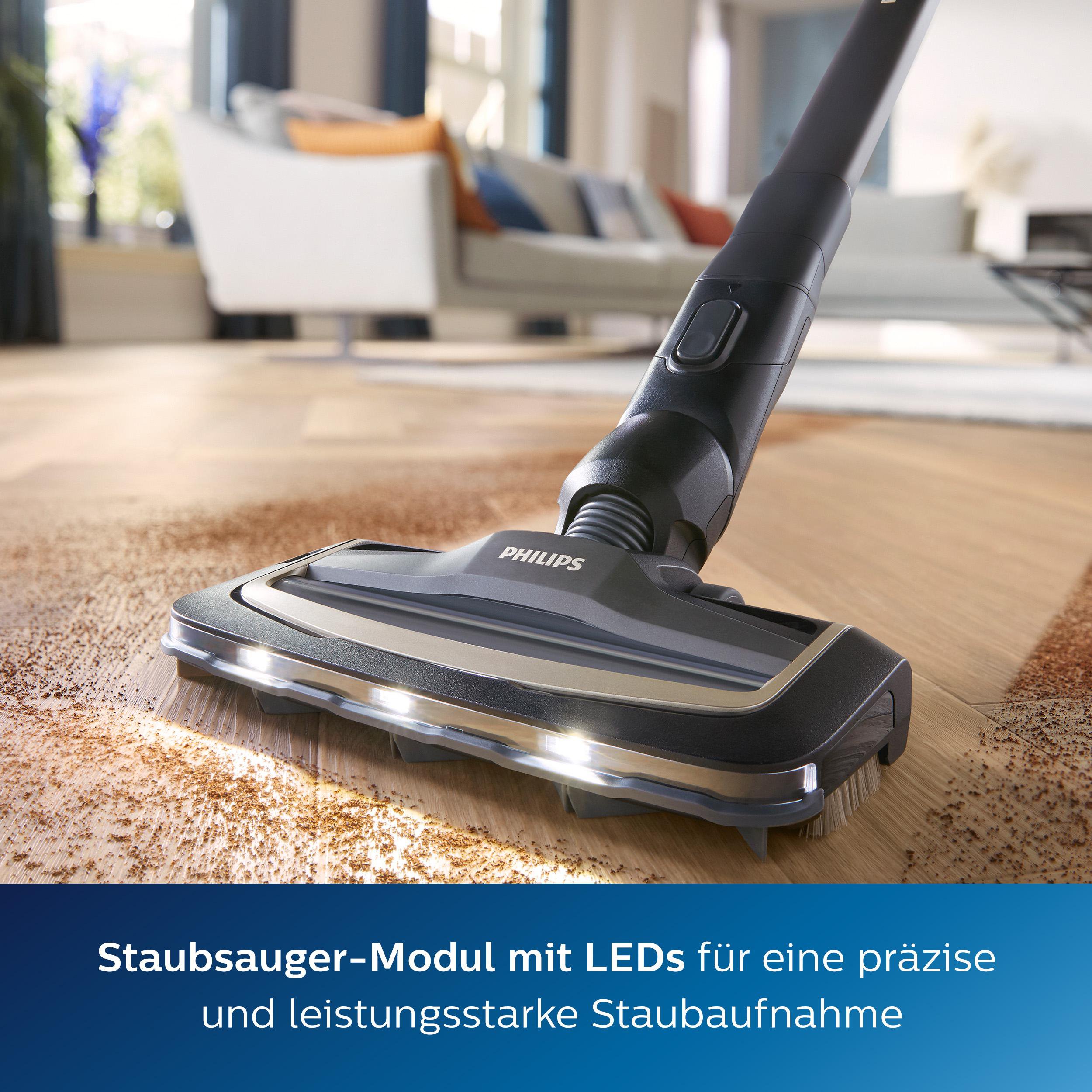 Staubsaugerkopf mit LEDs auf einem braunen Teppich.