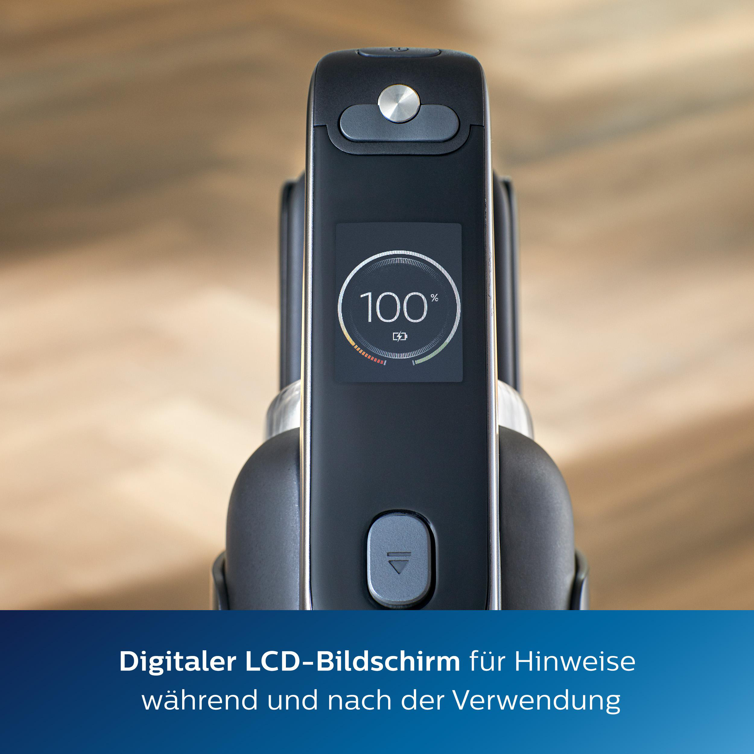 Eine Nahaufnahme eines Gerätebildschirms, der 100 % Akku anzeigt. Der Bildschirm hat einen Prozentsatz und einen Akkubalken.