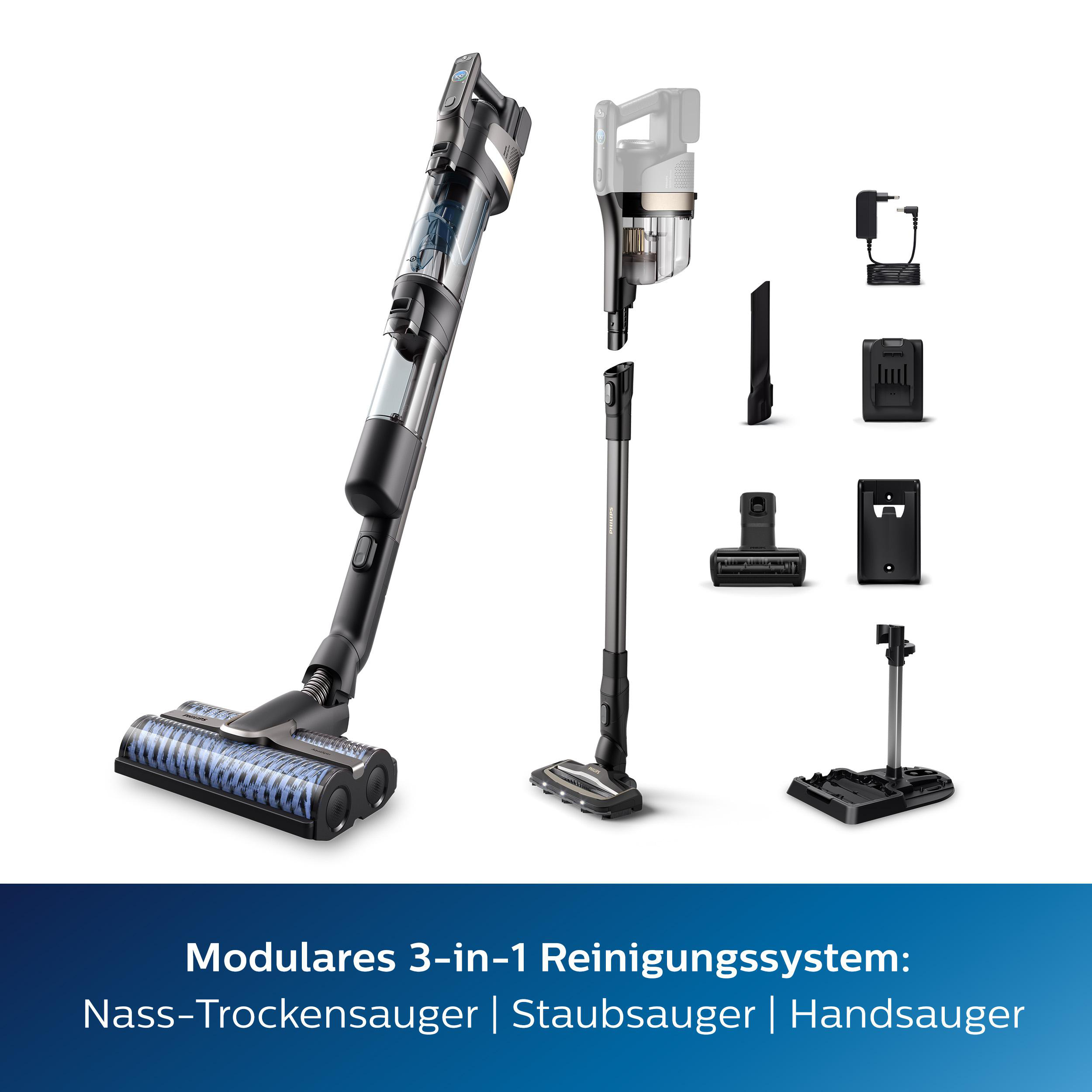 Staubsauger-Komponenten: Haupteinheit, abnehmbare Teile, Ladegerät und verschiedene Reinigungsköpfe.