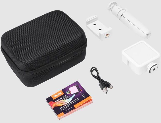 Rollei Mini LED RGB készlet: tok, telefontartó, lámpa, USB kábel, kézikönyv.