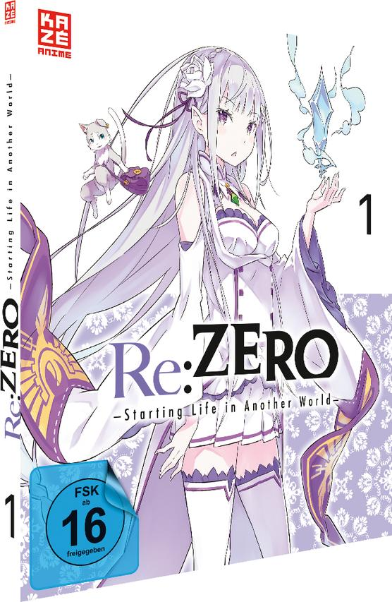 Ein DVD-Cover für die Anime-Serie Re:ZERO, mit einem Mädchen und einer Katze.
