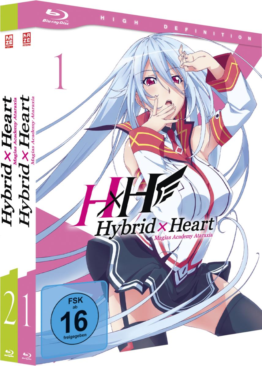 Anime Blu-ray Cover. Eine Frau mit weißen Haaren ist abgebildet, mit Text: Hybrid x Heart.
