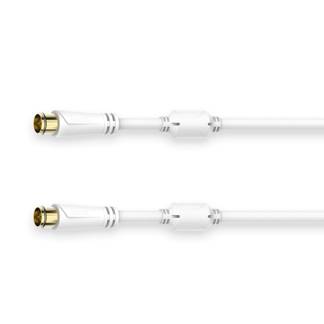 Zwei weiße Koaxialkabel nebeneinander auf weißem Hintergrund.