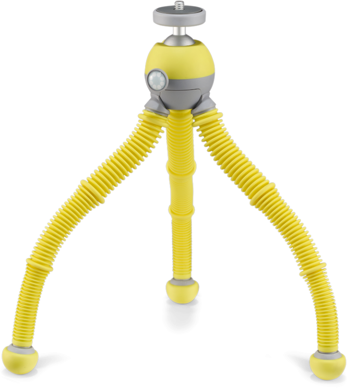 Un trépied flexible jaune et gris avec trois pieds, adapté à un appareil photo ou un téléphone.