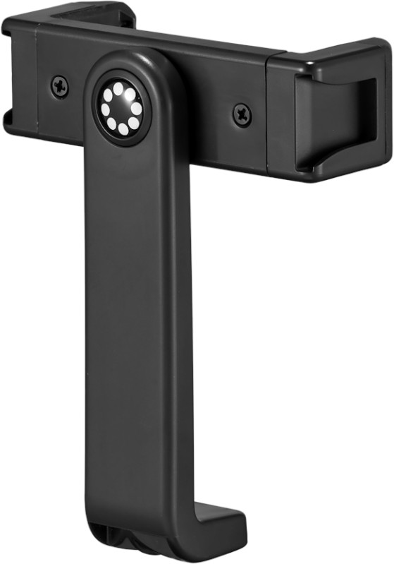 Support de téléphone noir avec bras pivotant et anneau lumineux, vis visibles. Sur fond blanc.