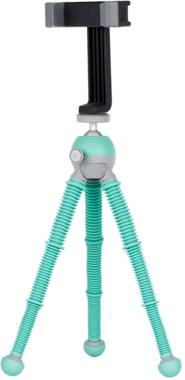 Un trépied flexible turquoise et gris avec un support de téléphone attaché. Fond blanc.