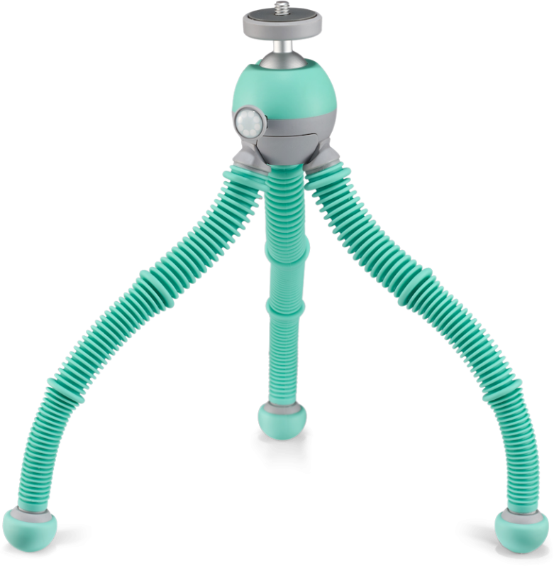 Un trépied turquoise flexible avec trois pieds, des embouts noirs et une tête grise.