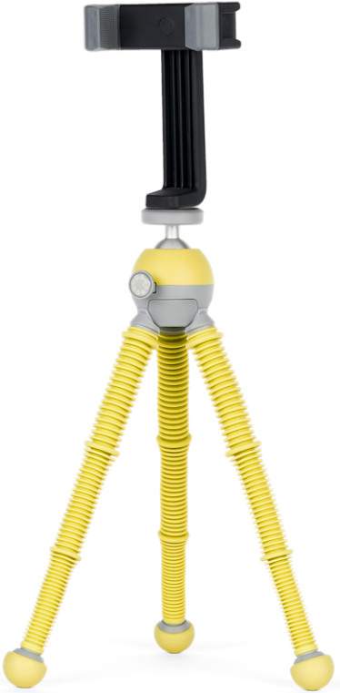 Un trépied flexible jaune et gris avec un support de téléphone attaché. Fond blanc.