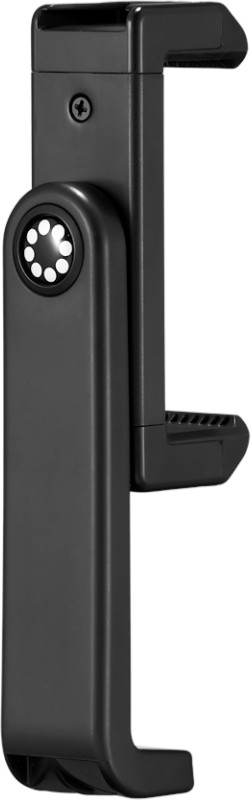 Support de smartphone noir. Il a une lumière ronde et des parties réglables.