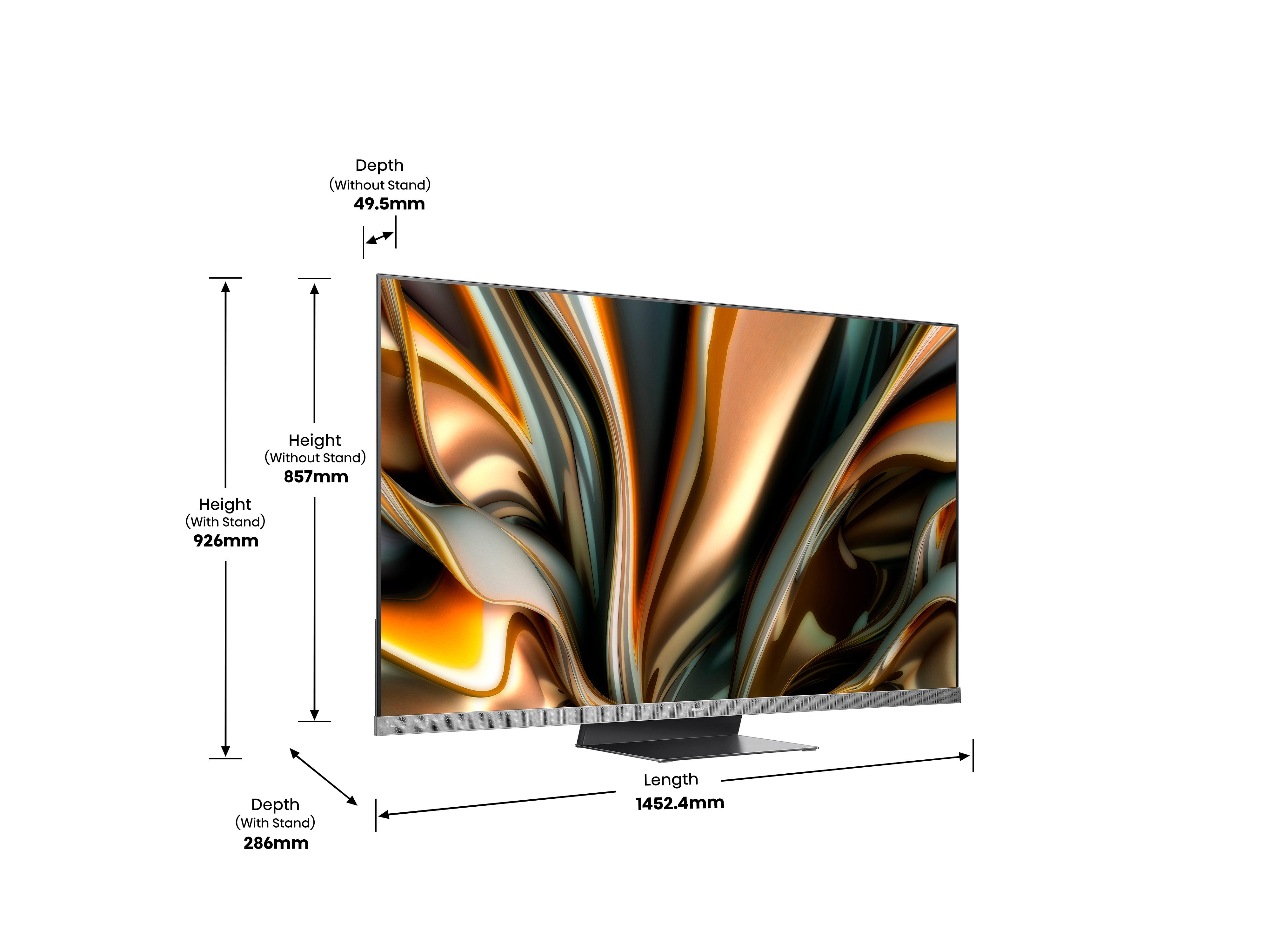 Fernseher mit Maßangaben. Höhe 926 mm, Tiefe 286 mm (mit Ständer), Länge 1452,4 mm.