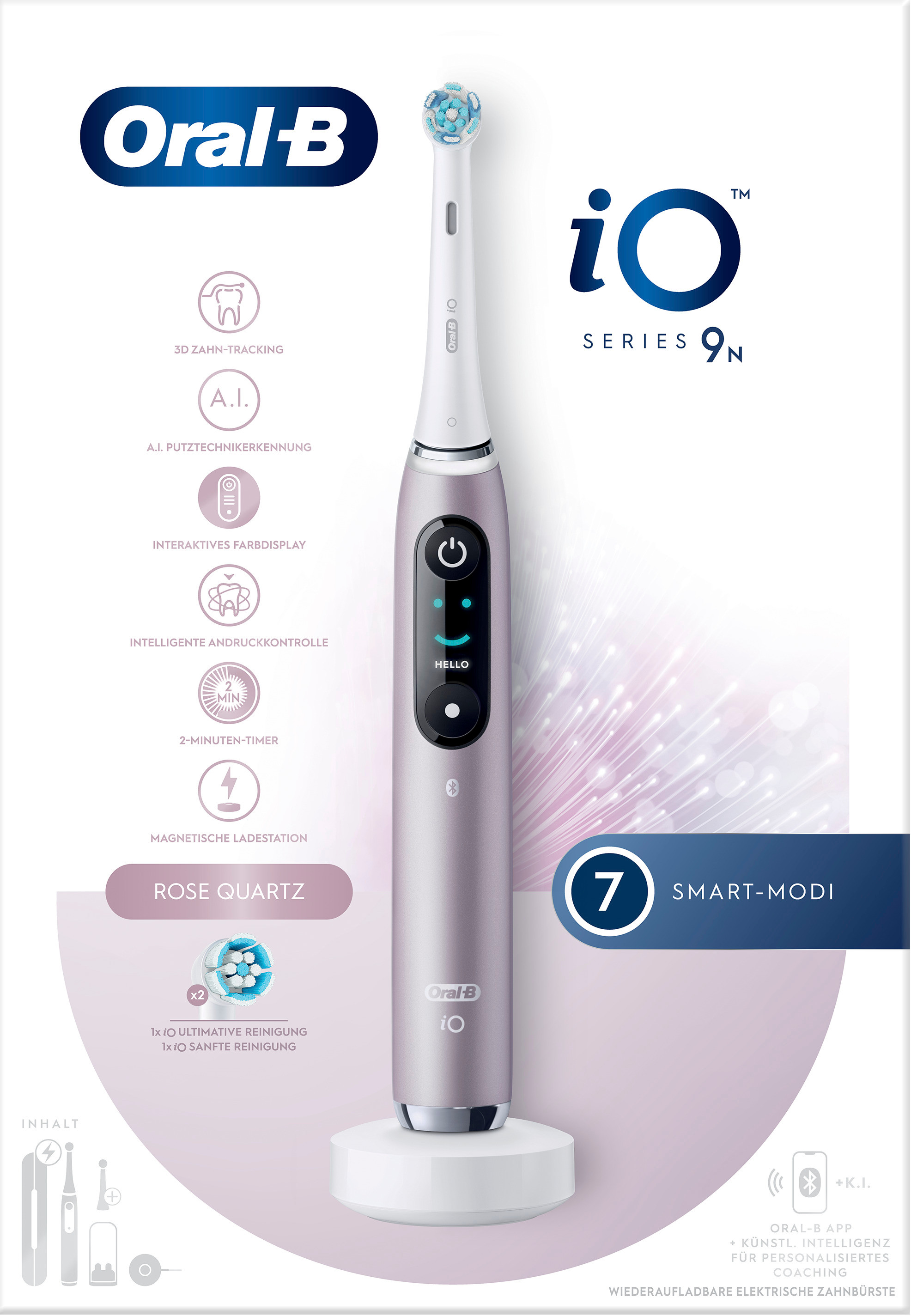 Spazzolino elettrico Oral-B, rosa e bianco, con supporto. Caratteristiche e icone sulla confezione.