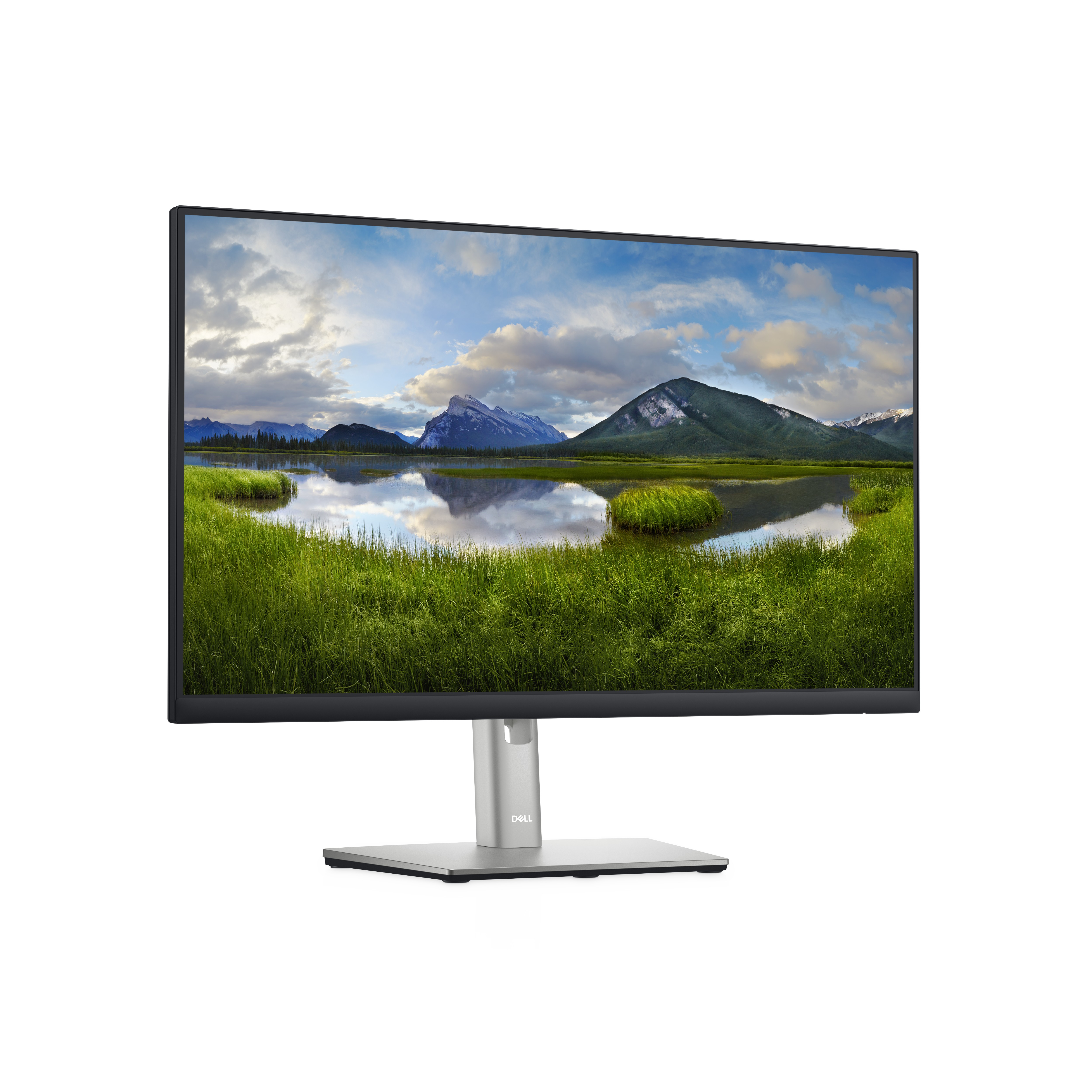 Der Monitor zeigt eine Landschaft mit Bergen, grünem Gras und Wasser, das einen bewölkten Himmel widerspiegelt.