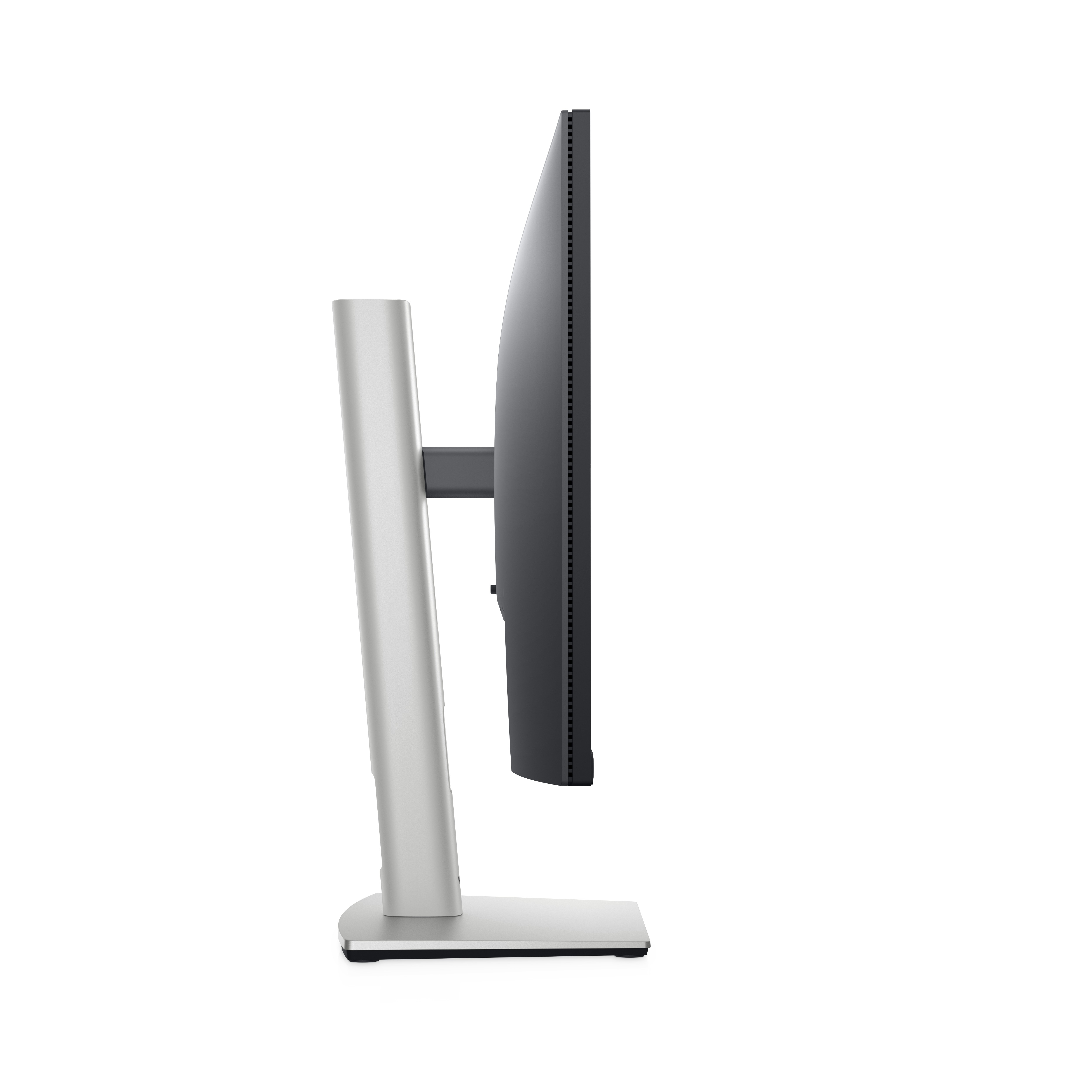 Eine Seitenansicht eines silber-schwarzen Computermonitors mit silbernem Ständer.