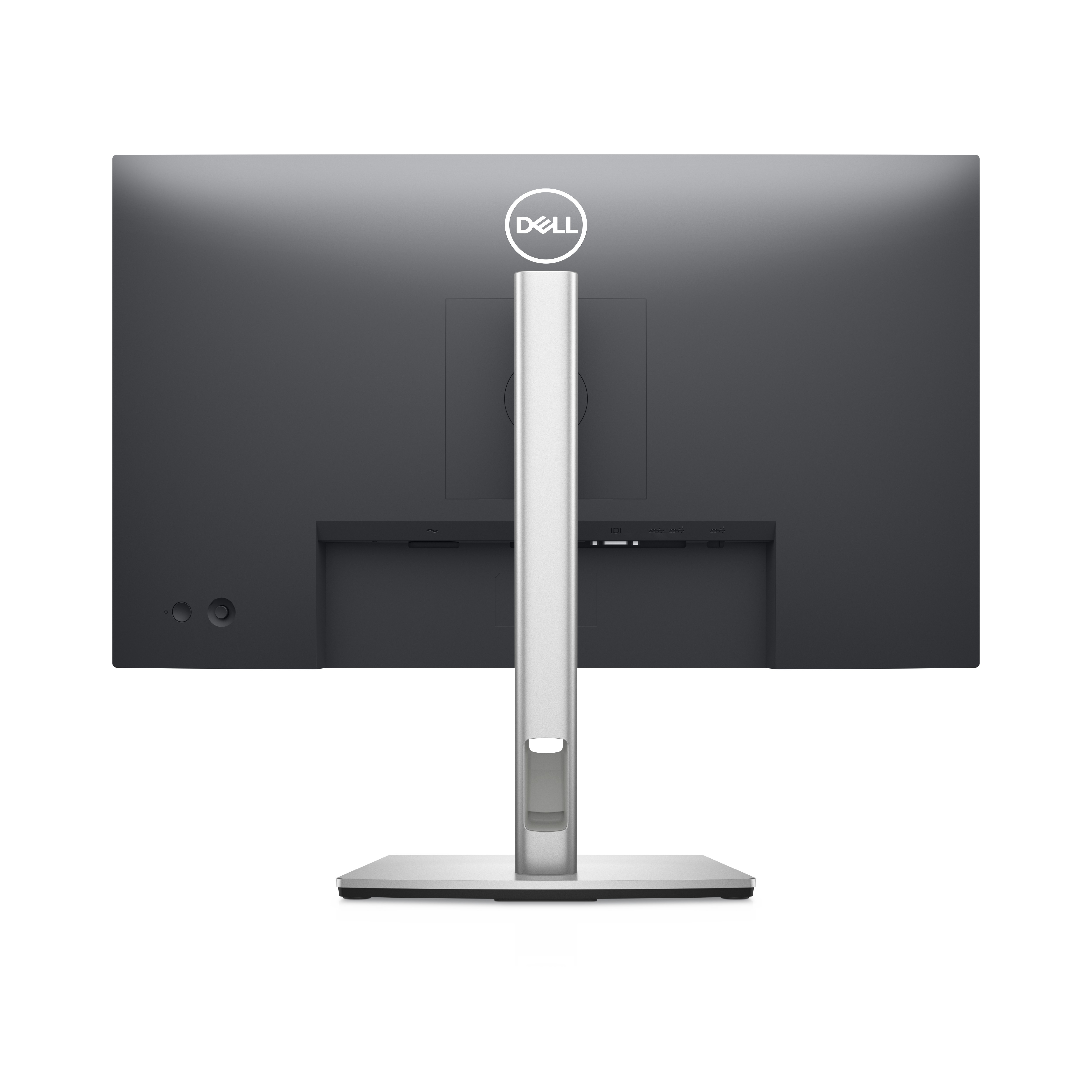 Rückansicht eines schwarzen Computermonitors mit silbernem Ständer. Das Dell-Logo ist sichtbar.