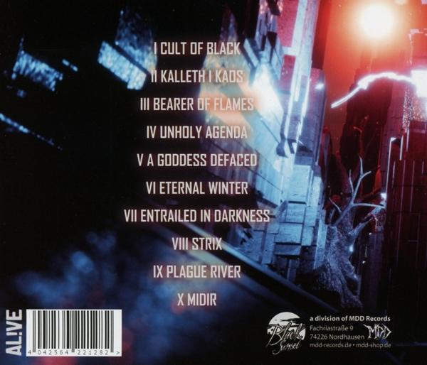 Ein Musikalbumcover mit einer futuristischen Stadtszene und Titelliste.