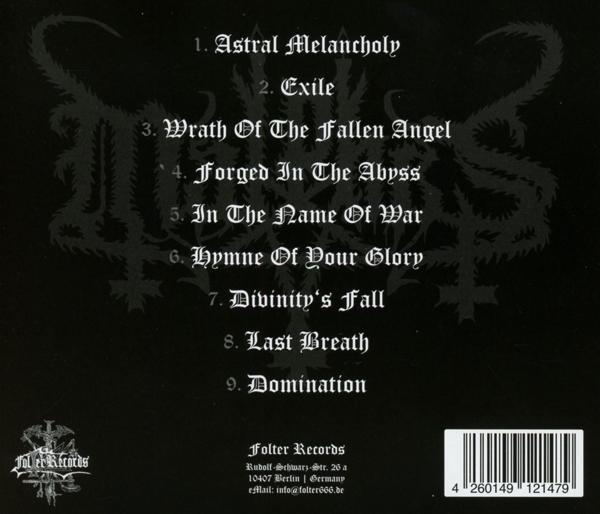 Rückseite eines Albums mit Songtiteln und Logo. Dunkler Hintergrund mit weißem Text.