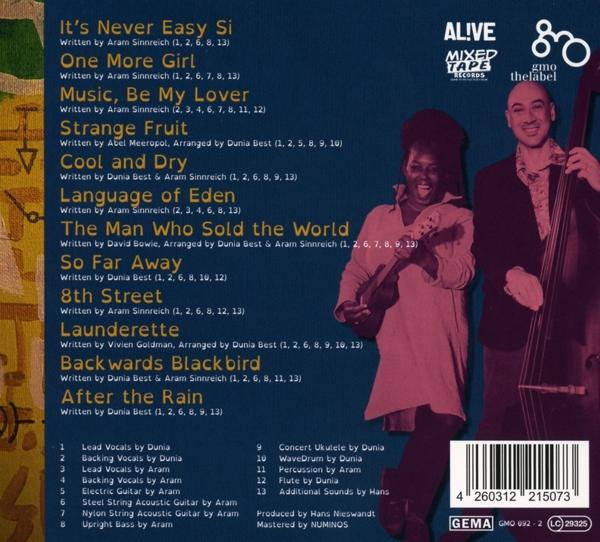 Albumcover mit Text, der Songs und Künstler auflistet. Zwei Personen sind vor einer Bühne abgebildet.