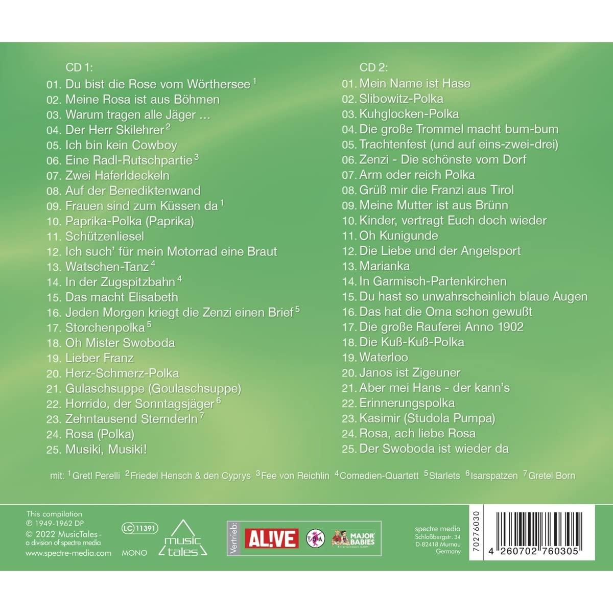 Eine CD-Hülle mit Titellisten und Künstlerinformationen, verschiedene Logos unten.