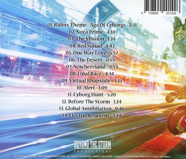 CD-Rückseite mit futuristischer Szene und der Titelliste des Albums, mit Text.