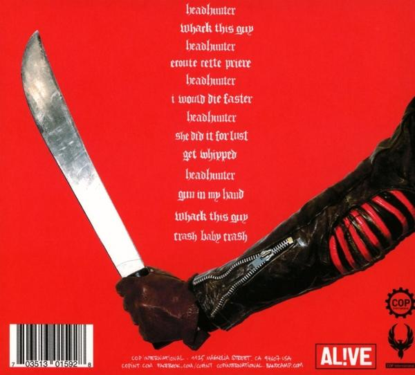 Albumcover mit Text und einem Arm, der ein Messer vor rotem Hintergrund hält. Cop-Logo in der Ecke.