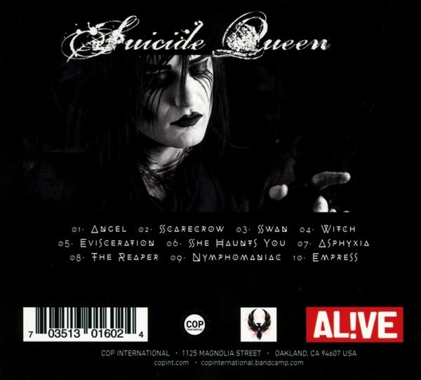 Schwarz-weiß-Album-Rückseite mit Trackliste und einem Bild von Suicide Queen.