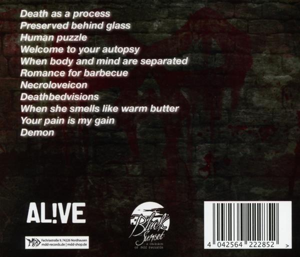 Die Rückseite einer CD-Hülle mit Text, der Songtitel auflistet, und einem Backsteinmauer-Hintergrund mit roten Flecken.
