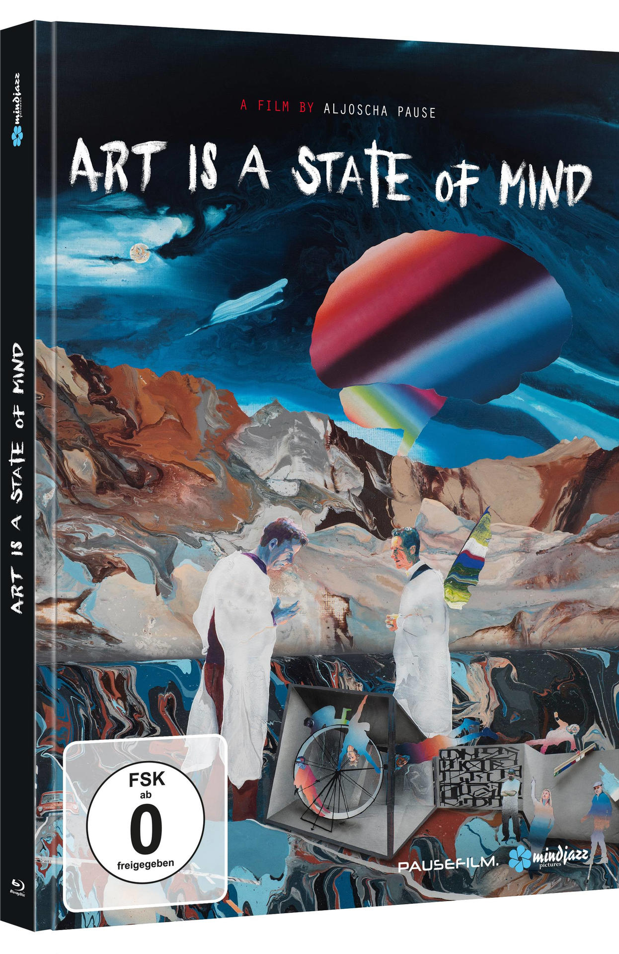 DVD-Cover mit zwei Figuren in weißen Mänteln. Der Titel lautet 'ART IS A STATE OF MIND'. Es gibt einen farbenfrohen Hintergrund.