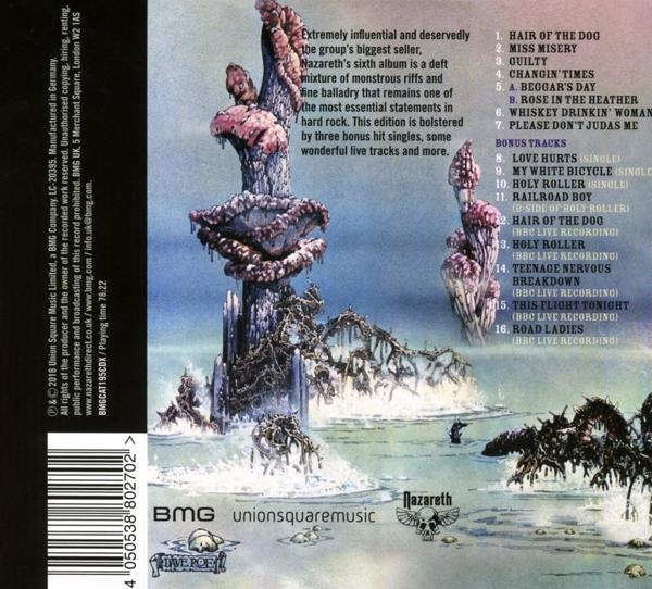 Rückseite eines Nazareth-Albums. Enthält eine Fantasielandschaft mit einer Kreatur und Text.